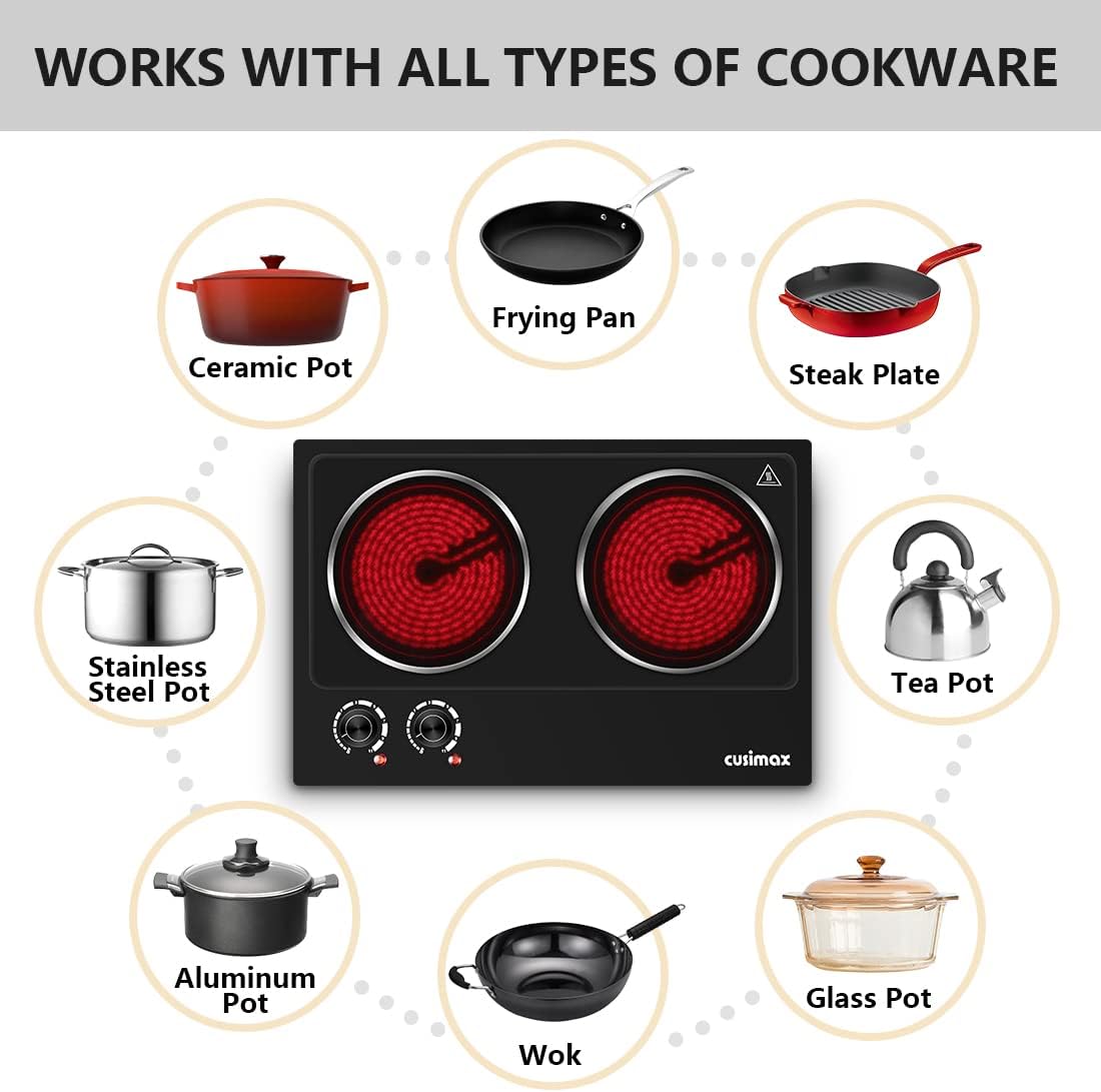 CUSIMAX 1800W Ceramic Electric Hot Plate for Cooking, Dual Control Infrared Cooktop, Double Burner, Portable Countertop Burner, Glass Plate Electric Cooktop, Silver, Stainless Steel-Upgraded Version