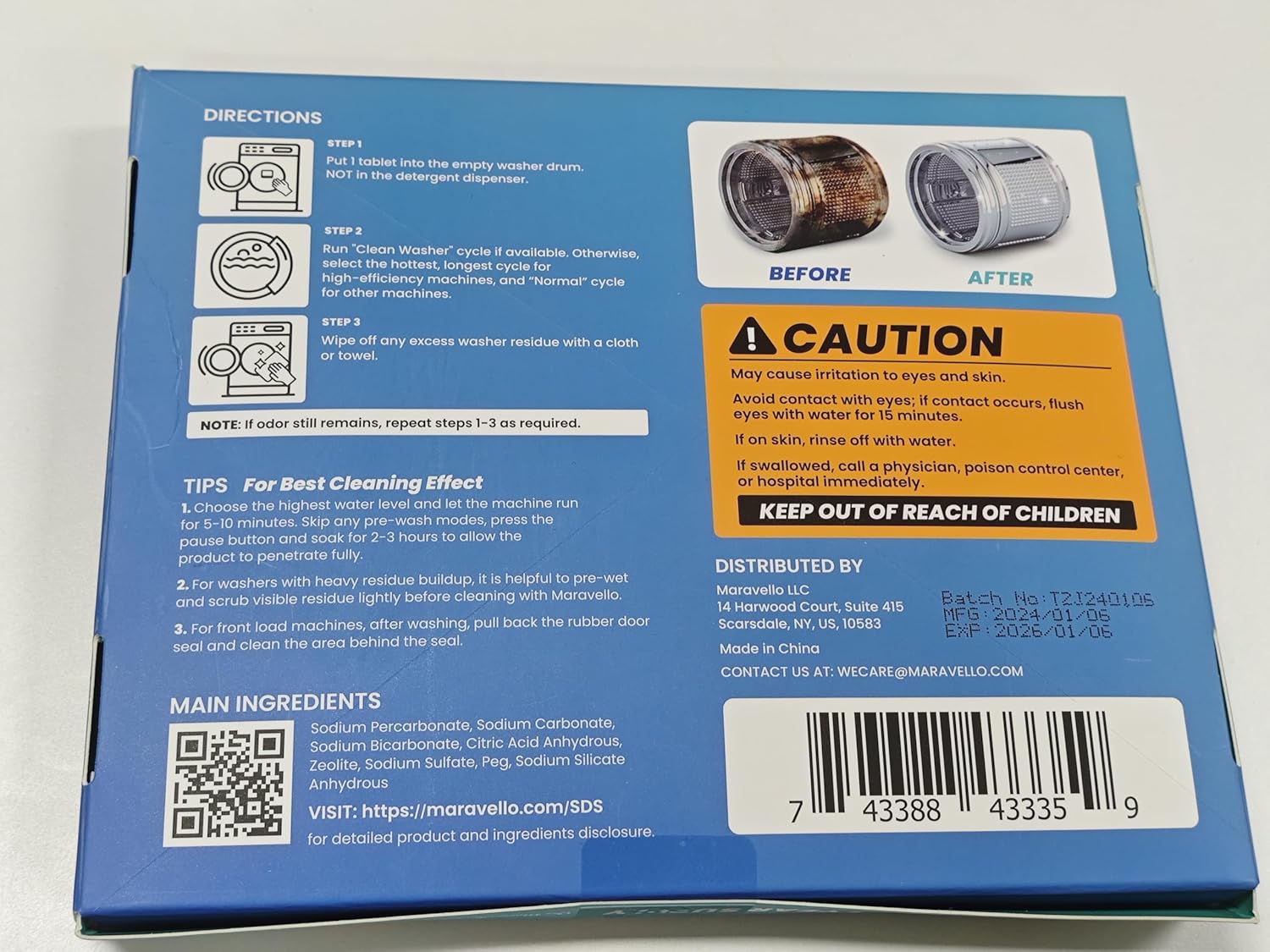 Maravello Washing Machine Cleaner Descaler Tablets Washing Machine Cleaning Tablets - for Front Load and Top Load Washers, Mold and Stain Remover for Laundry Tub 6-Month Supply (Sea Salt, 6 Count)