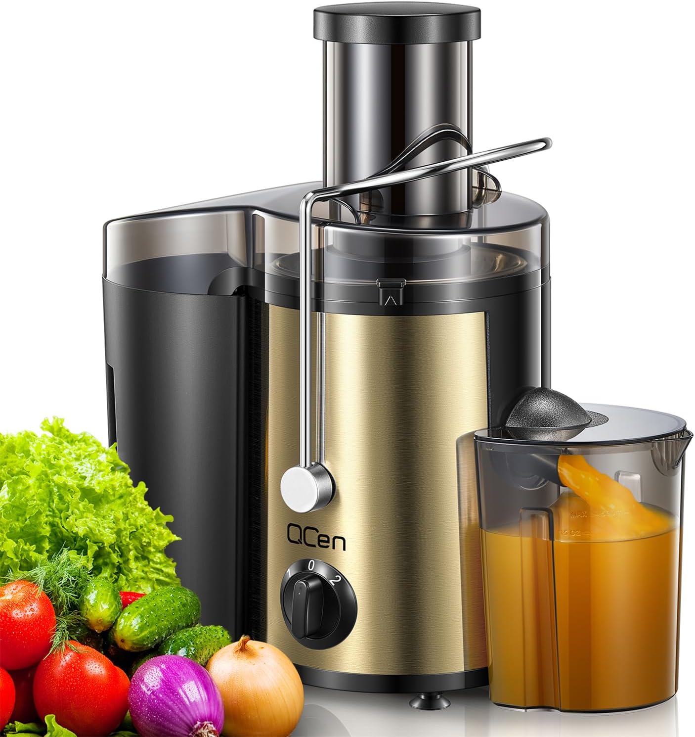 Qcen Juicer Machine, 800W Centrifugal Juicer Extractor with Wide Mouth 3” Feed Chute for Fruit Vegetable, Easy to Clean, Stainless Steel, BPA-free (Black)