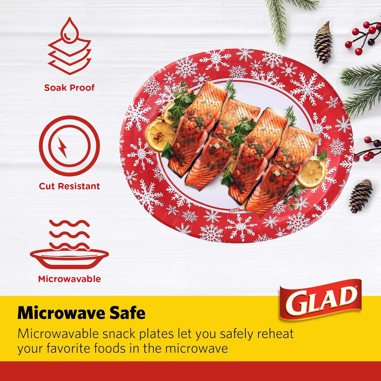 Glad Disposable Holiday Paper Plates, 10 Inch, 20 Count - Red Snowflake Design, Heavy Duty and Microwavable