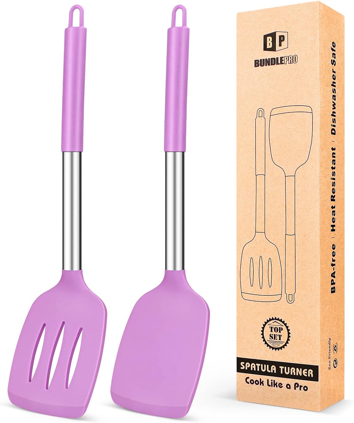 Pack of 2 Silicone Solid Turner,Non Stick Slotted Kitchen Spatulas,High Heat Resistant BPA Free Cooking Utensils,Ideal Cookware for Fish,Eggs,Pancakes (Black)