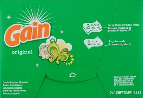 Gain Dryer Sheets, 240 Count, Original Scent Laundry Fabric Softener Sheets with 2-in-1 Aromaboost Plus Softness