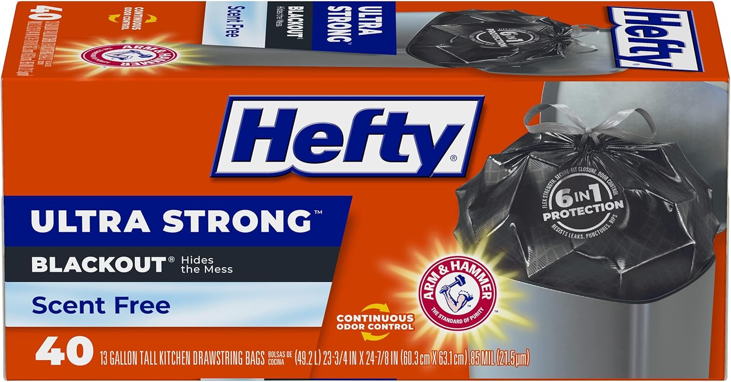 Hefty Ultra Strong Tall Kitchen Trash Bags, Unscented, 13 Gallon, (80 Count)