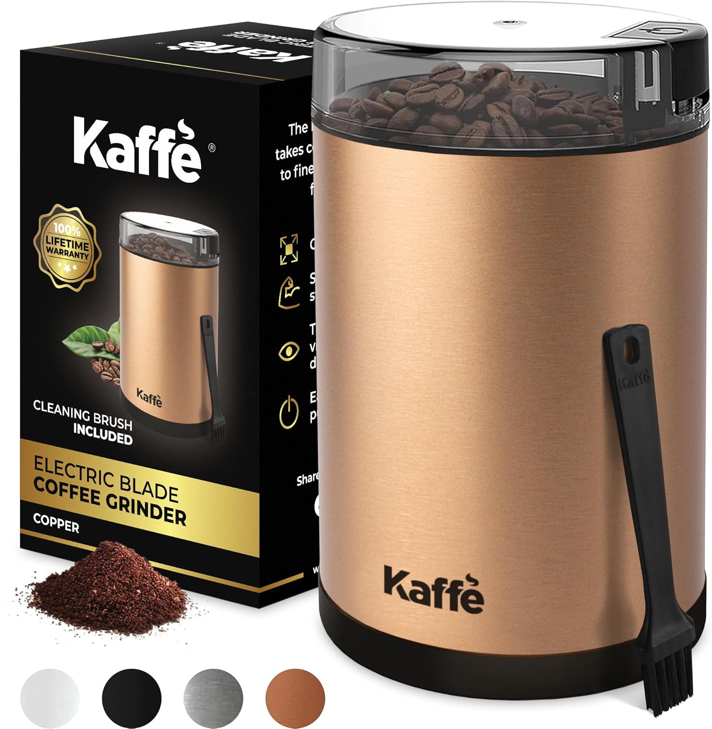Kaffe One-Touch Coffee Grinder Electric w/Cleaning Brush (3 oz) - Coffee Grinders for Home Use - Up to 12 Cups of Coffee per Grind - Easy On/Off Coffee Bean Grinder - Black