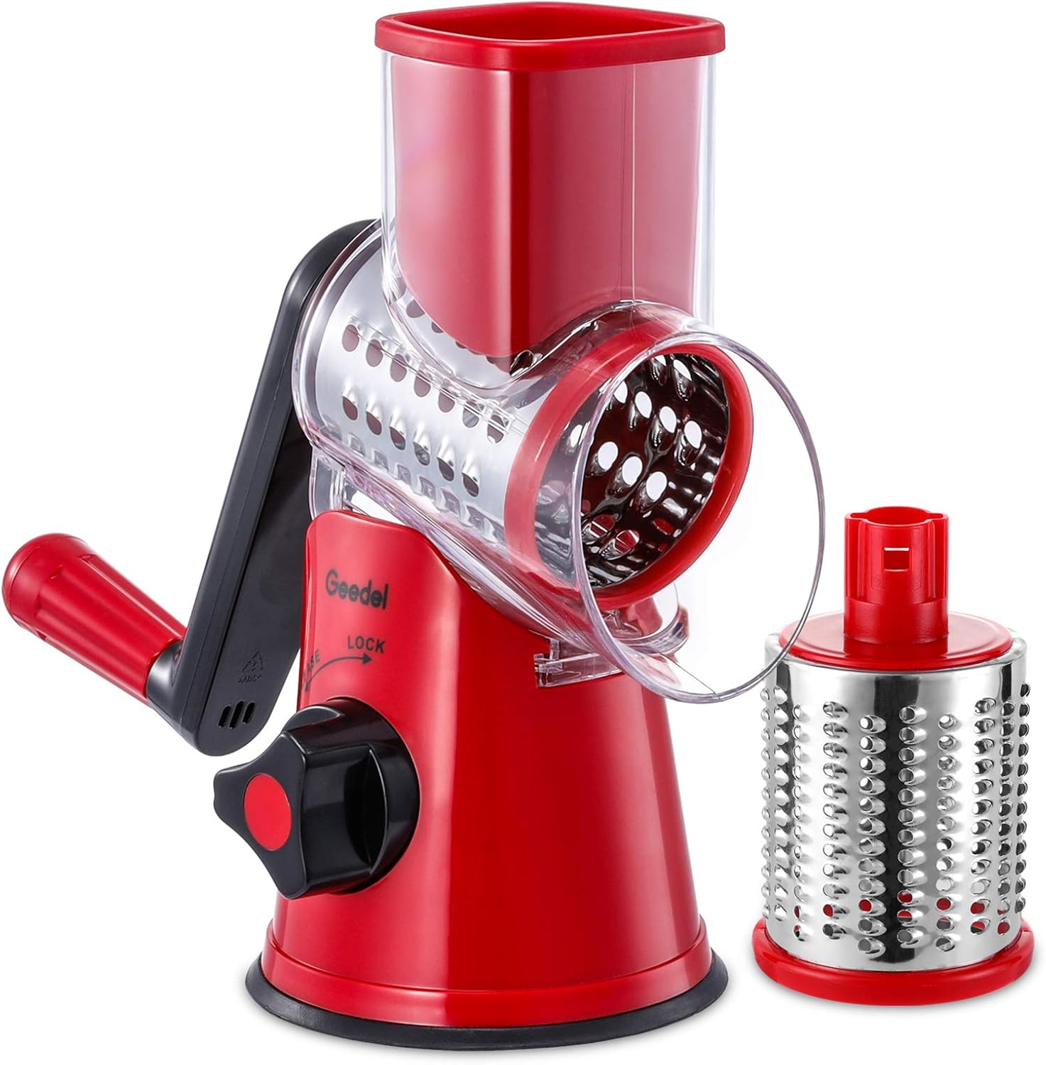 Geedel Rotary Cheese Grater, Kitchen Mandoline Vegetable Slicer with 3 Interchangeable Blades, Easy to Clean Grater for Fruit, Vegetables, Nuts