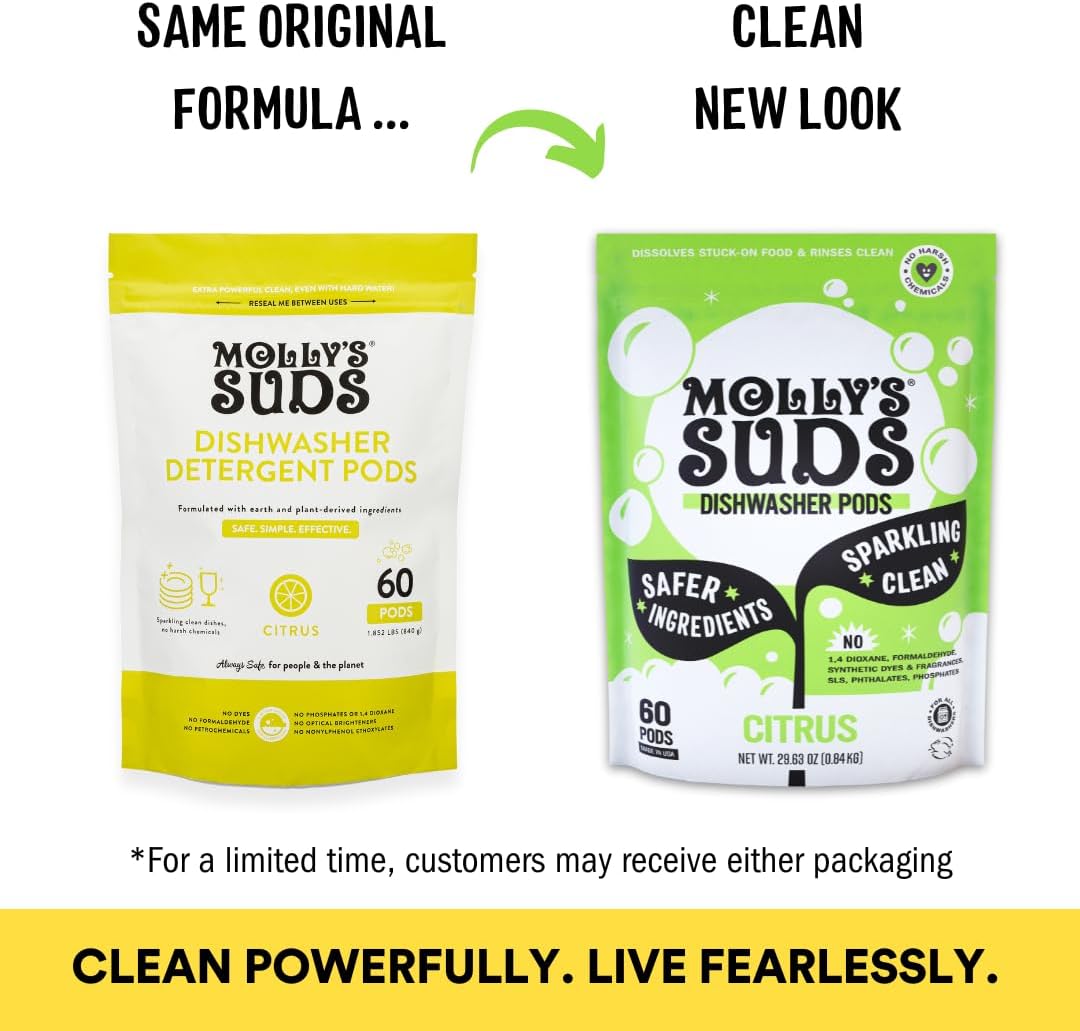 Molly's Suds Dishwasher Pods | Natural Dishwasher Detergent, Cuts Grease & Rinses Clean (Residue-Free) for Sparkling Dishes | 60 Auto-Release Tabs (Unscented)