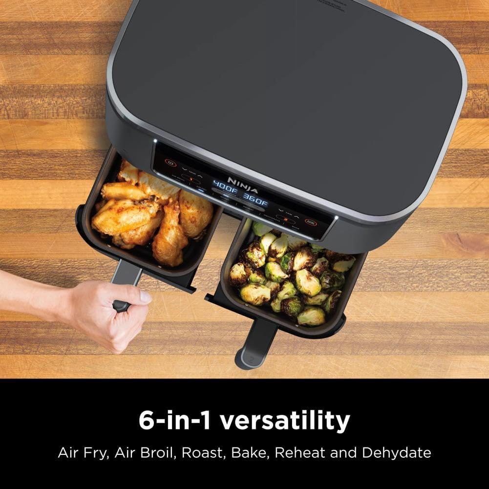 Ninja Air Fryer, Thermometer, Roast, Bake, Air Fry, Crisps, Broil, Reheats, Keep Warm, 10-in-1, Fries, Frozen Food, Veggies, and Meat, Quick Meals, Healthy Meals, Less Oil, 10 QT, Grey, DZ550​