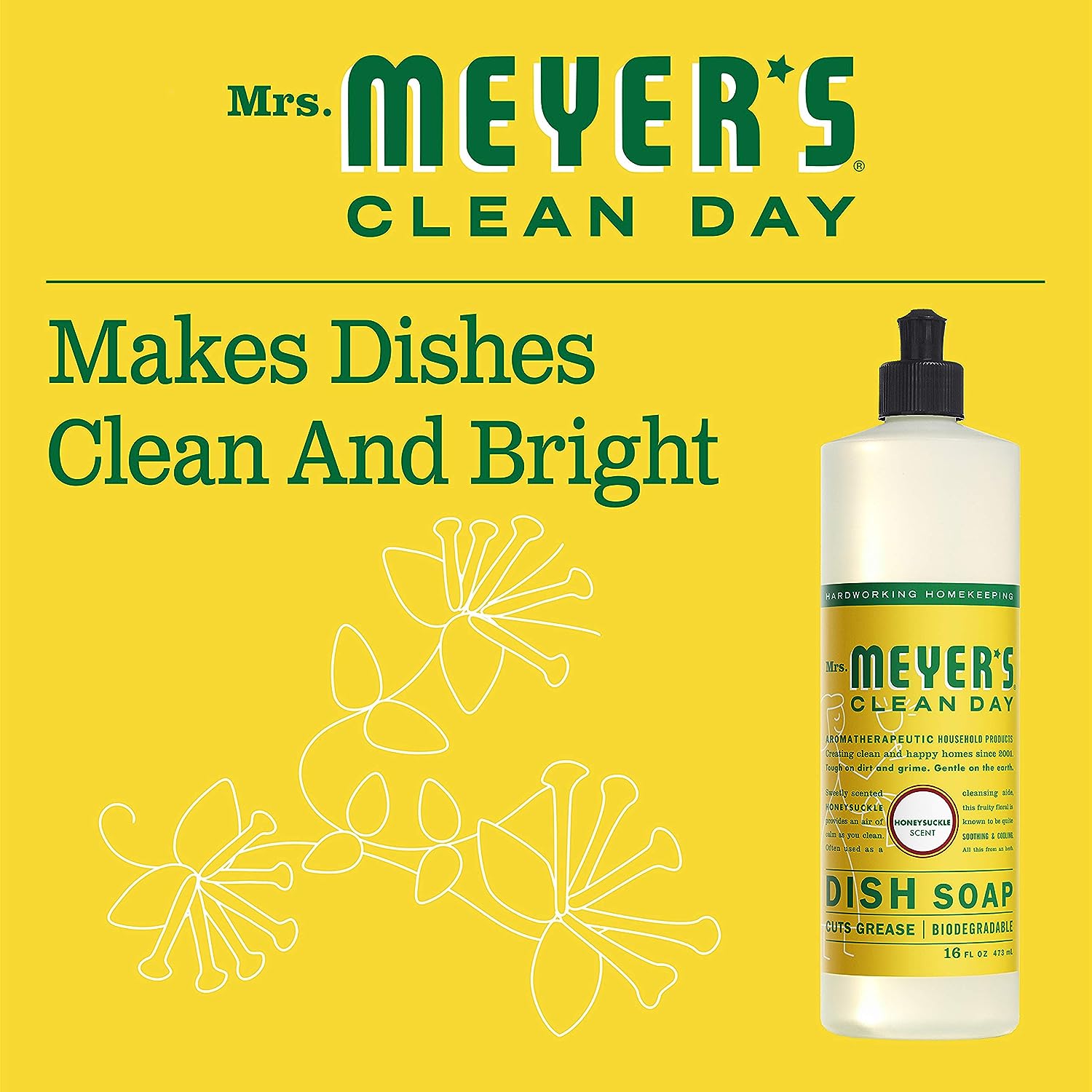 MRS. MEYER'S CLEAN DAY Liquid Dish Soap Refill, Biodegradable Formula, Honeysuckle, 48 fl. oz