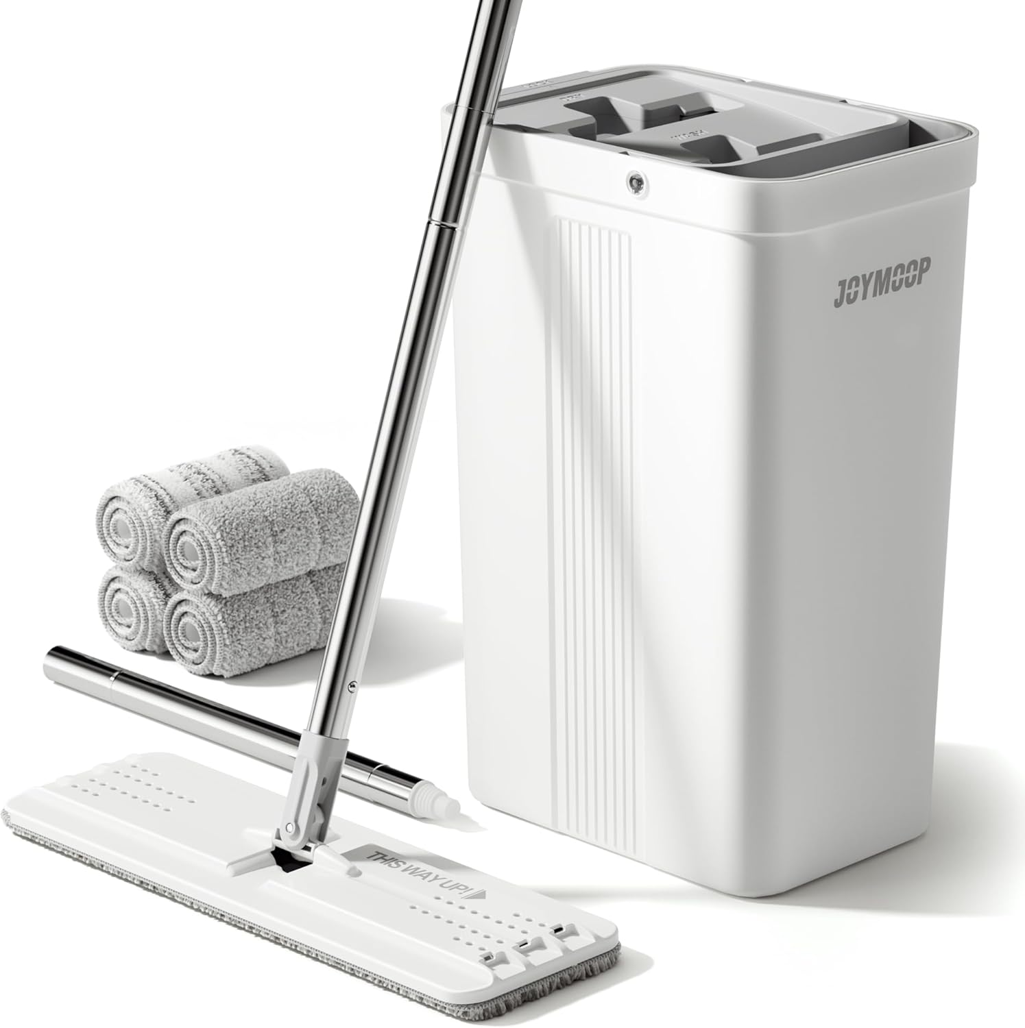 JOYMOOP Mop and Bucket with Wringer Set, White Flat Squeeze Mop Bucket Set for Floor Cleaning, Wet Dry Mop for Wall Cleaner with Long Handle, Hardwood Floor Mop with 4 Microfiber Cloths