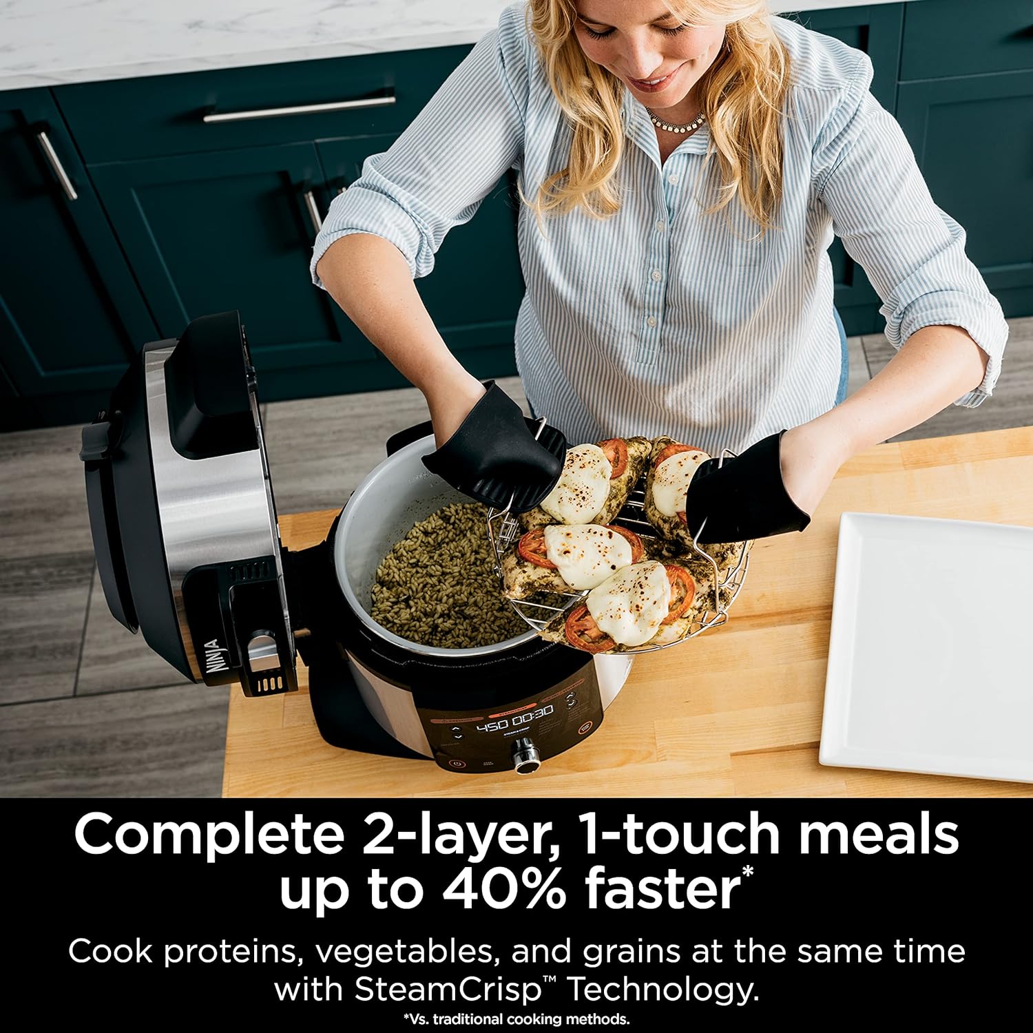 Ninja OL601 Foodi XL 8 Qt. Pressure Cooker Steam Fryer with SmartLid, 14-in-1 that Air Fries, Bakes & More, with 3-Layer Capacity, 5 Qt. Crisp Basket & 45 Recipes, Silver/Black