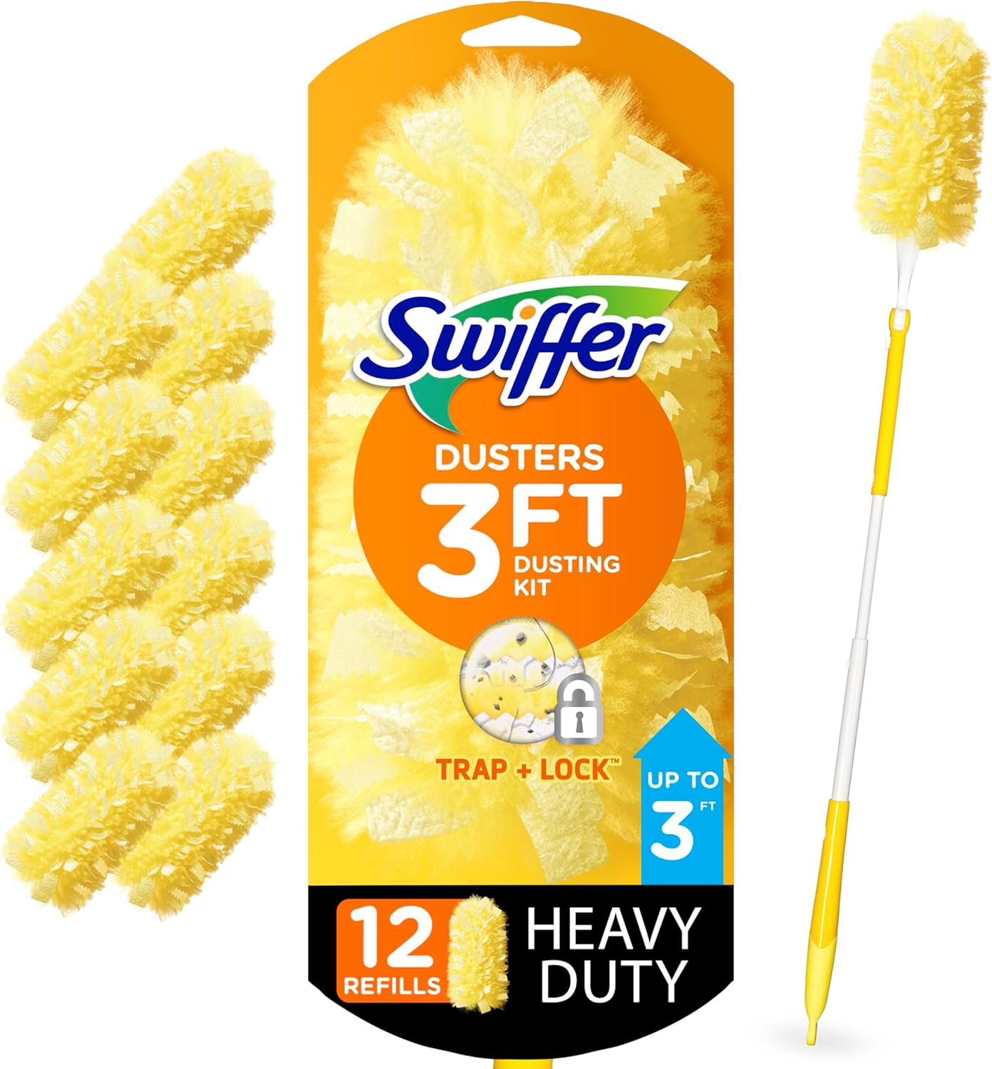 Swiffer Duster Heavy Duty 3 ft Extended Handle Dusting Kit (1 Duster, 12 Refills)