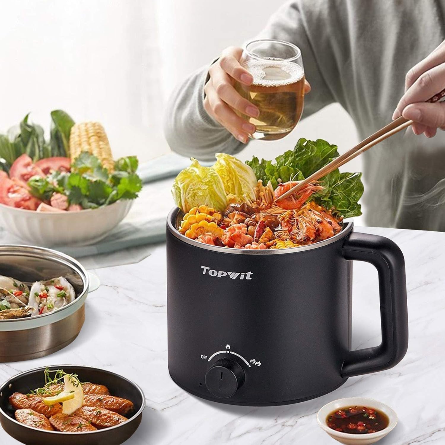 Topwit Hot Pot Electric, Electric Pot, 1.6L Ramen Cooker, Multifunctional Electric Cooker for Pasta, Shabu-Shabu, Oatmeal, Soup and Egg with Over-Heating Protection, Boil Dry Protection, Blue