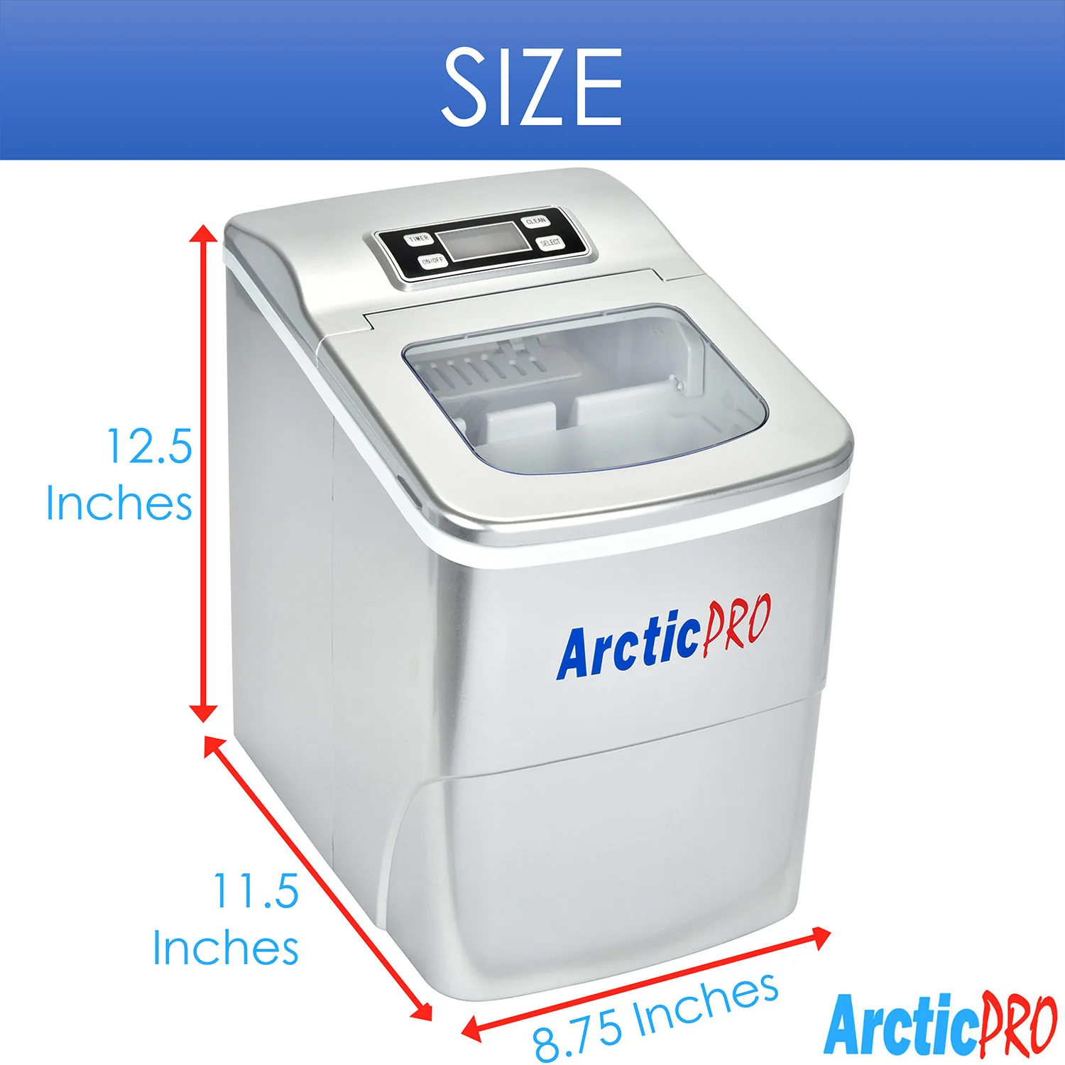 Arctic-Pro Portable Digital Quick Ice Maker Machine, Silver, Makes 2 Ice Sizes