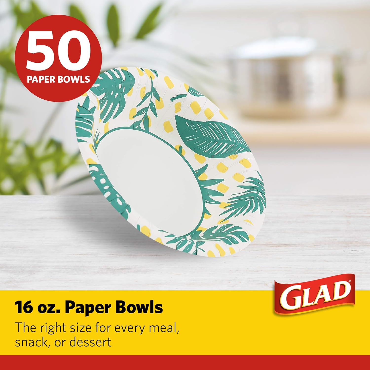 Glad Disposable Soup Bowls for Hot Food - Heavy Duty, Cut Resistant, Microwaveable Paper Bowls with Tropical Palm Leaves Design - Ideal for Party, Chili, Fruit, Salad, Ice Cream - 16 Oz, 50 Count