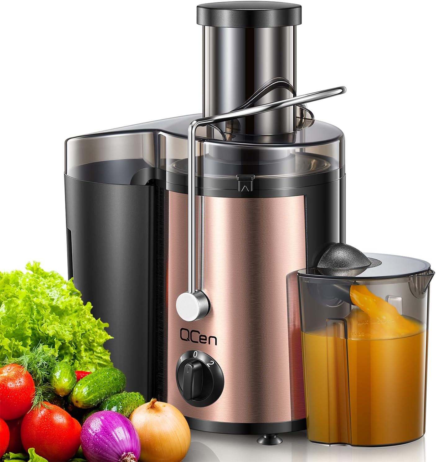 Qcen Juicer Machine, 800W Centrifugal Juicer Extractor with Wide Mouth 3” Feed Chute for Fruit Vegetable, Easy to Clean, Stainless Steel, BPA-free (Black)