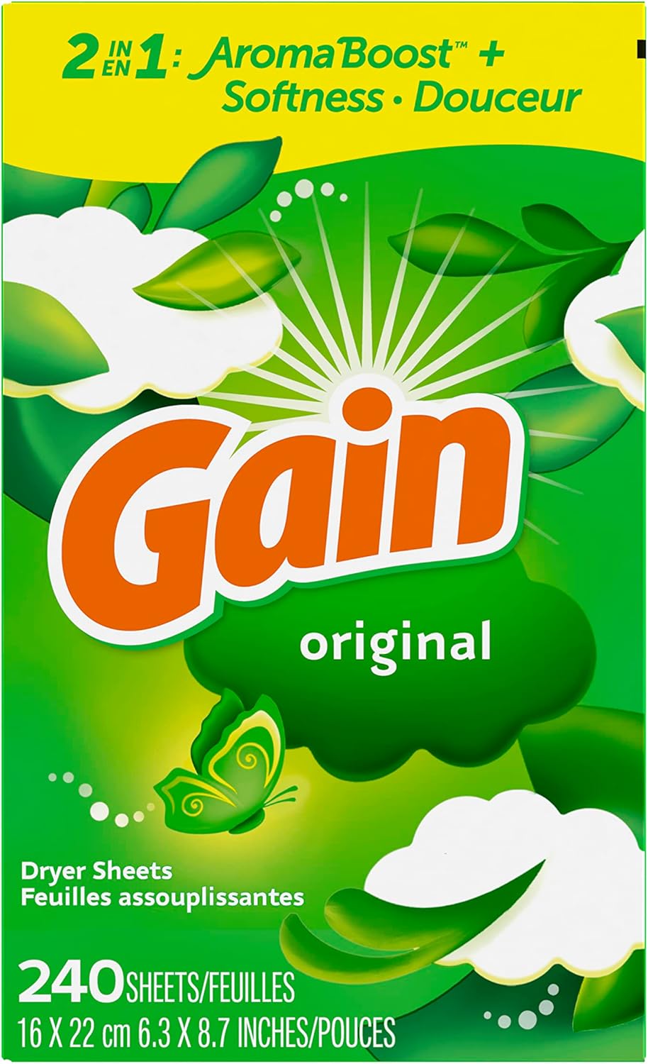 Gain Dryer Sheets, 240 Count, Original Scent Laundry Fabric Softener Sheets with 2-in-1 Aromaboost Plus Softness