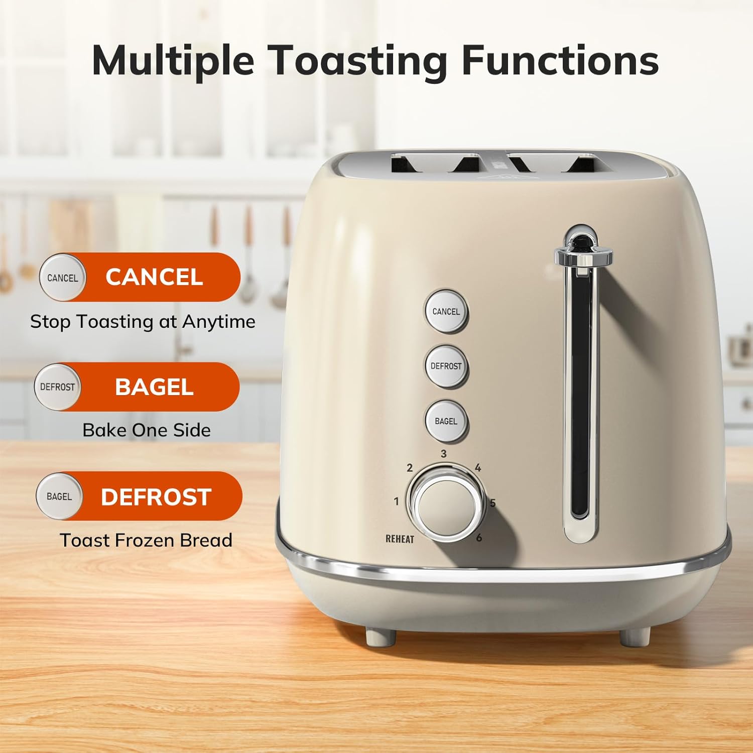 2 Slice Stainless Steel Toaster Retro with 6 Bread Shade Settings, Bagel, Cancel, Defrost Function, 2 Slice Toaster with Extra Wide Slot, Removable Crumb Tray, White