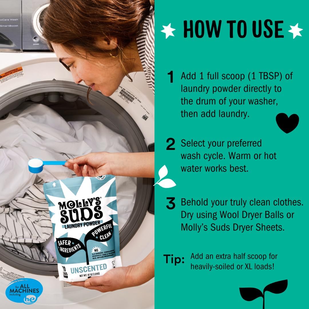 Molly's Suds Original Laundry Detergent Powder | Natural Laundry Detergent Powder for Sensitive Skin | Earth-Derived Ingredients, Stain Fighting | 120 Loads (Unscented)