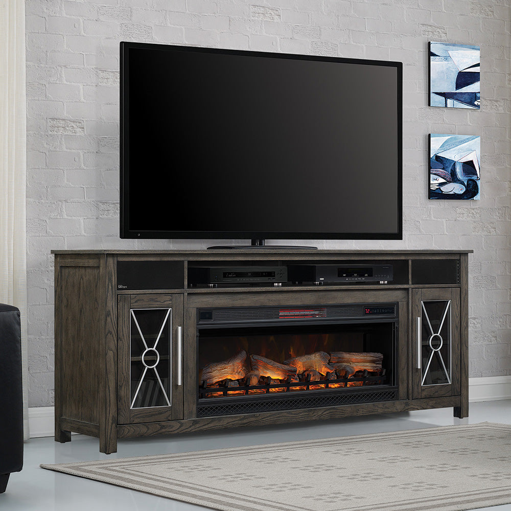 Heathrow 76-in Electric Fireplace TV Stand with Speakers in Tifton Oak