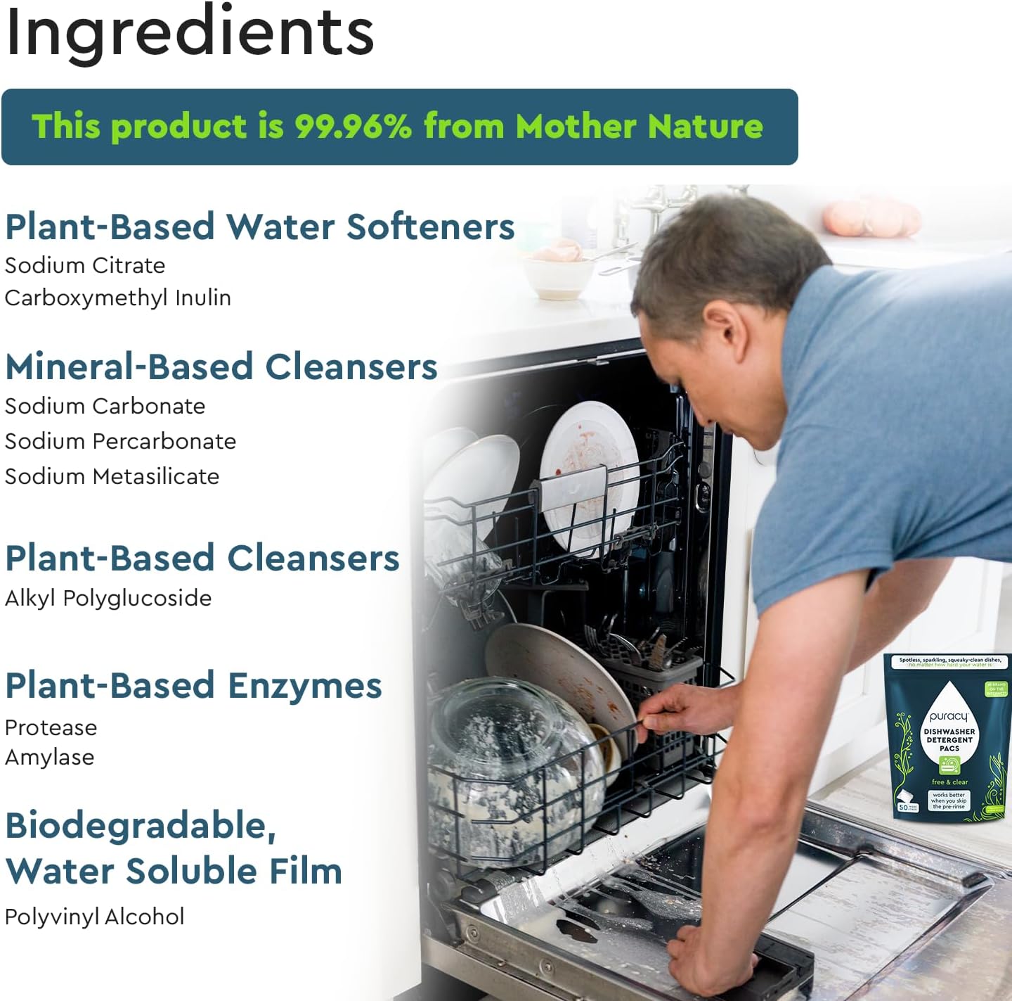 Puracy Dishwasher Pods 50 Count, Natural Dishwasher Detergent, Free & Clear Dish Tabs, Tiktok Trend Items, Enzyme-Powered, Spot & Residue-Free, Must Haves from Tiktok Made Me Buy It