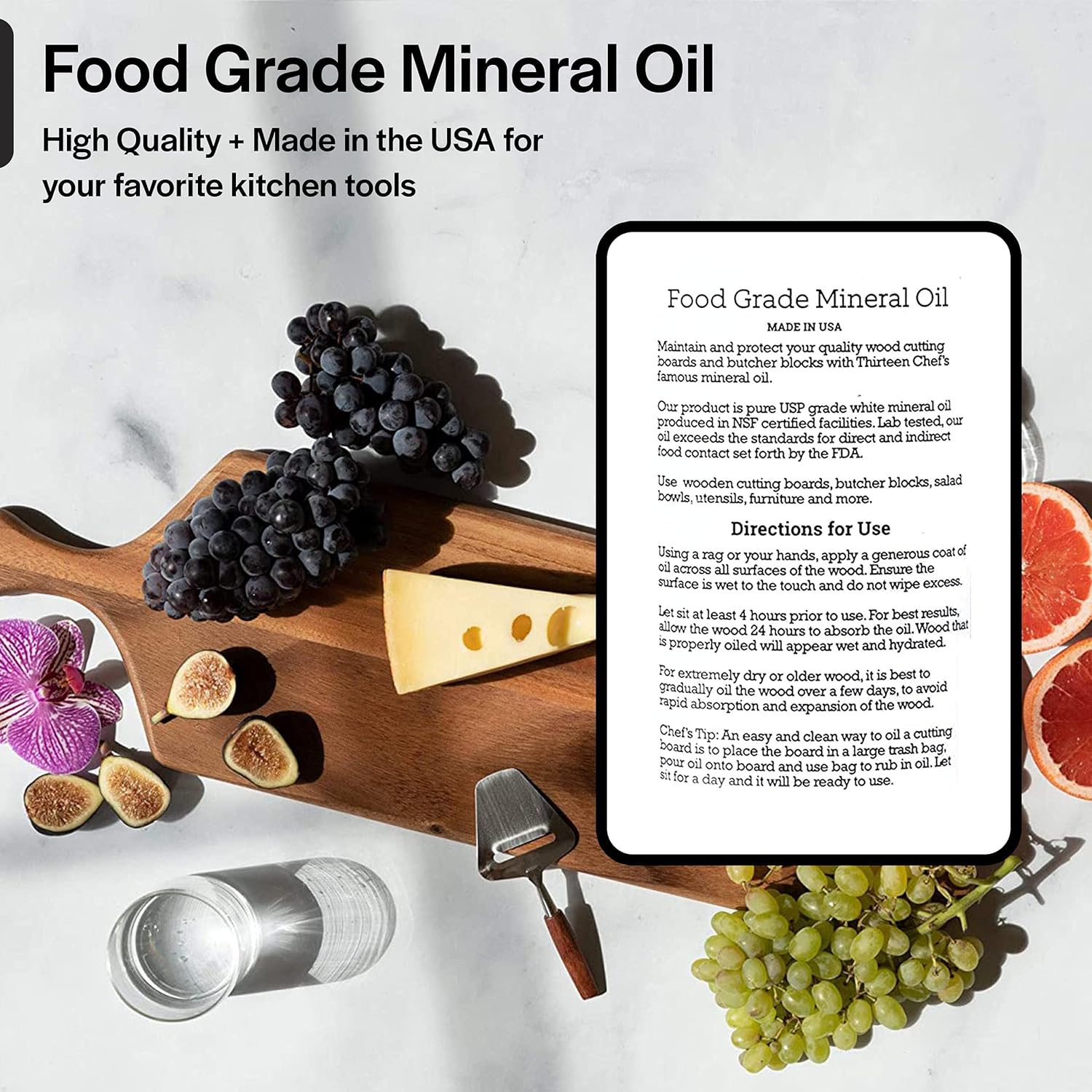 Thirteen Chefs Mineral Oil - 8 oz Food Grade Conditioner for Wood Cutting Board, Countertop & Butcher Block, Lubricant for Knife or Meat Grinder - Safe USP Finish on Marble, Soapstone