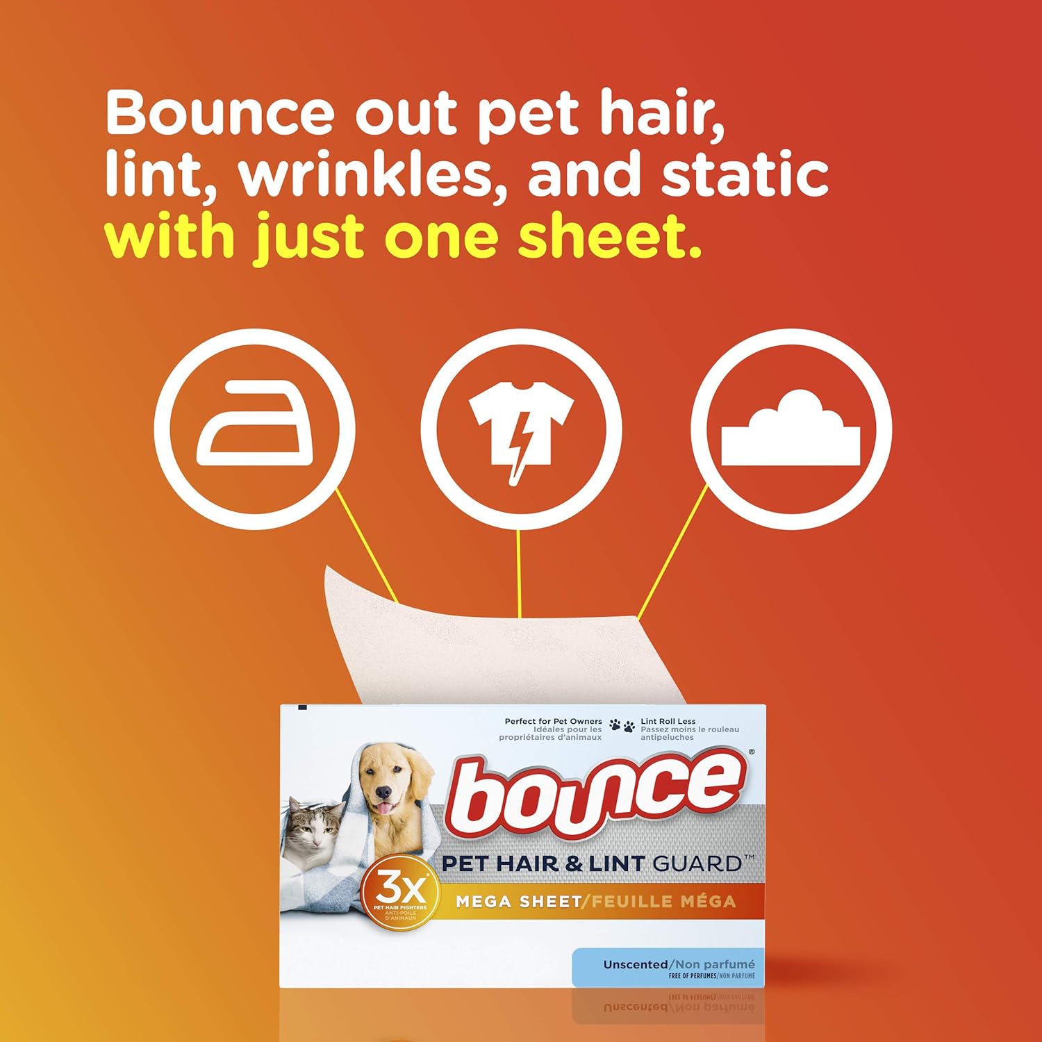 Bouce Bounce Pet Hair and Lint Guard Mega Dryer Sheets for Laundry, Fabric Softener with 3X Pet Hair Fighters, Unscented, Hypoallergenic, 120 Count