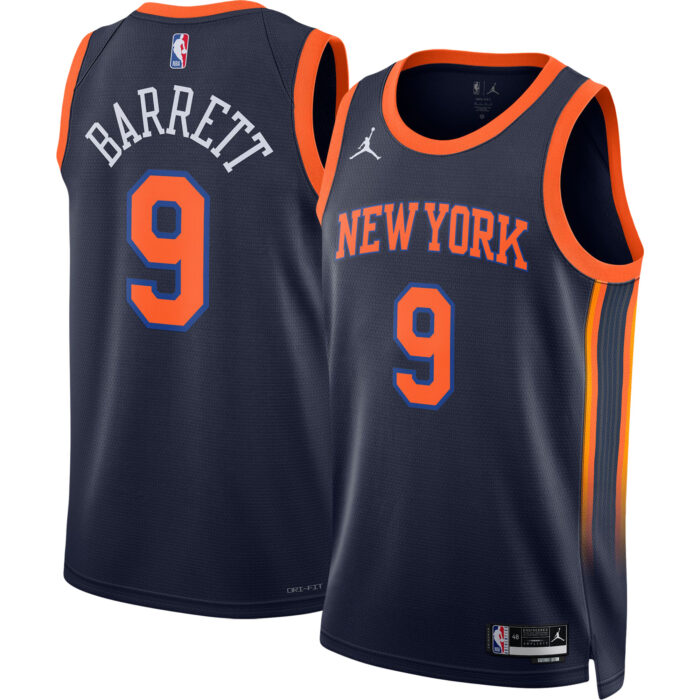 Unisex New York Knicks RJ Barrett Jordan Brand Navy Swingman Jersey – Statement Edition