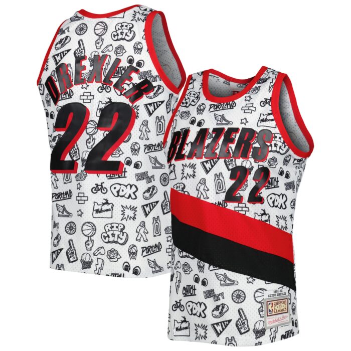 Men’s Portland Trail Blazers Clyde Drexler Mitchell & Ness White 1991-92 Hardwood Classics Doodle Swingman Jersey
