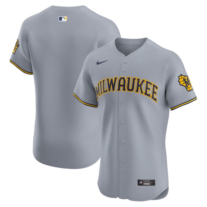 Men’s Milwaukee Brewers Nike Gray Road Vapor Premier Elite Patch Jersey