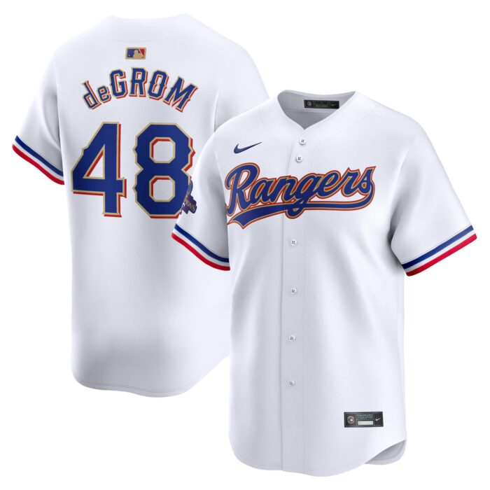 Men’s Texas Rangers Jacob deGrom Nike White 2024 Gold Collection Limited Player Jersey