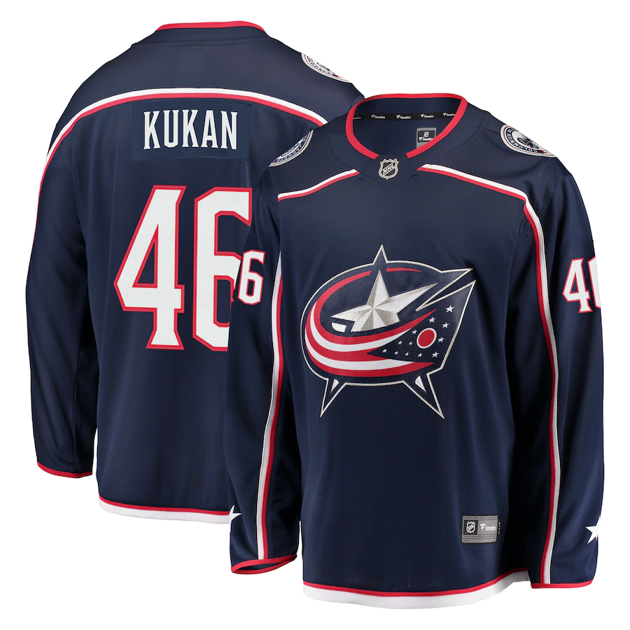 Men's Columbus Blue Jackets 46 Dean Kukan Fanatics Branded Navy Breakaway Jersey