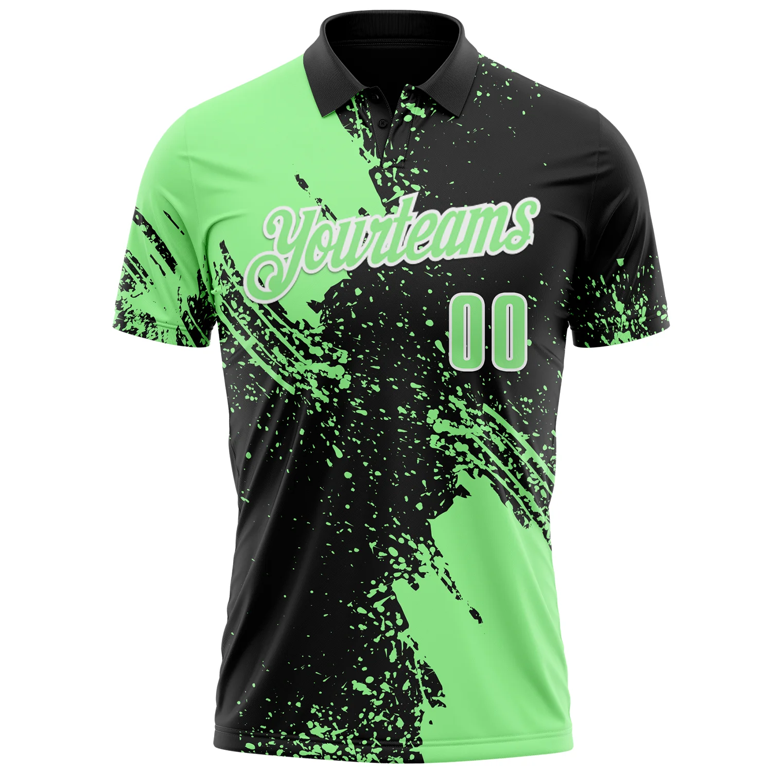 Custom Pea Green Black-White 3D Pattern Design Abstract Brush Stroke Performance Polo Shirt