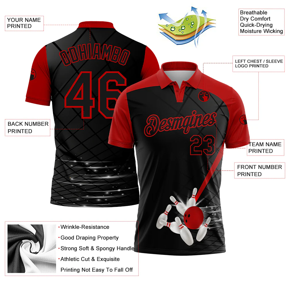 Custom Black Red 3D Pattern Design Bowling Performance Polo Shirt