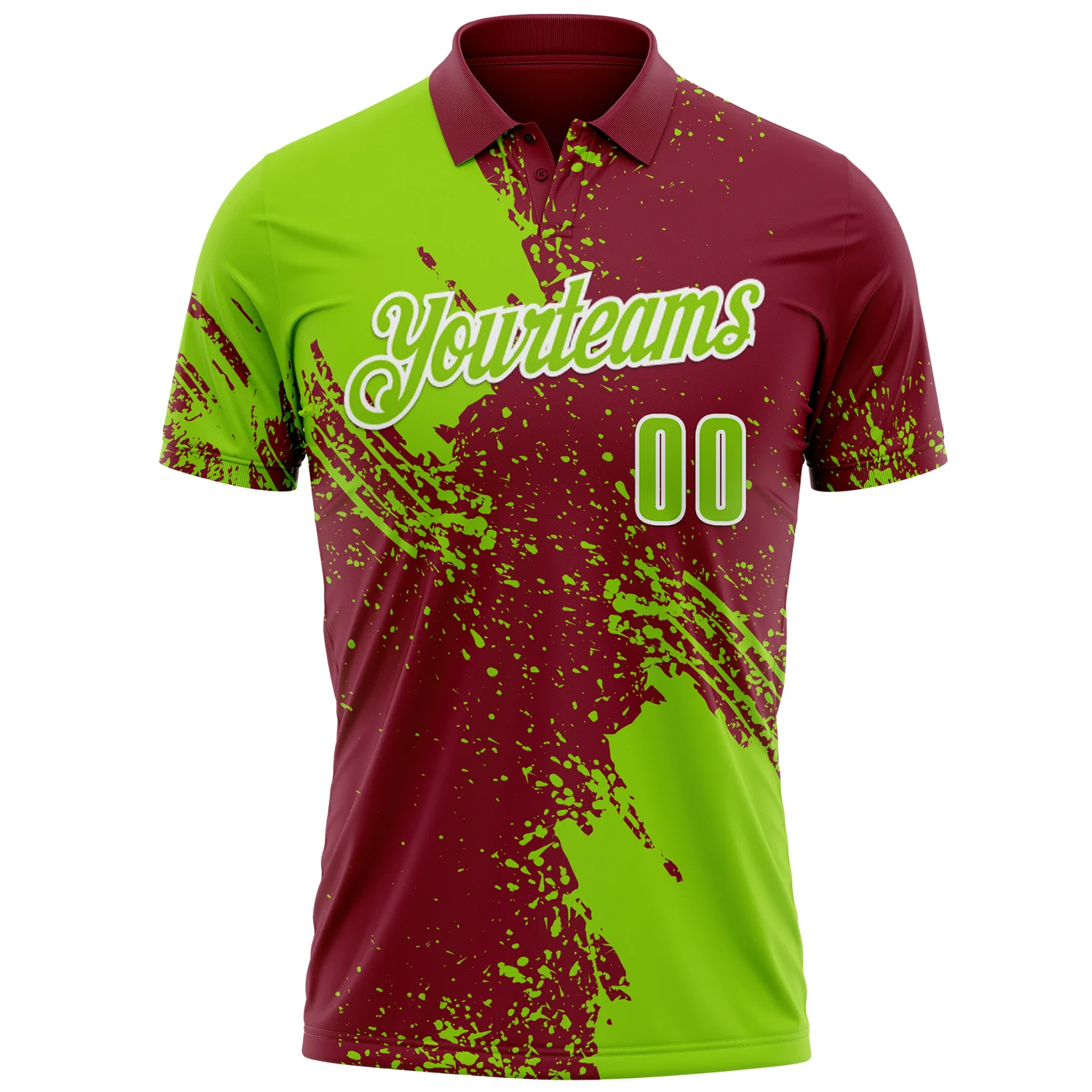 Custom Neon Green Crimson-White 3D Pattern Design Abstract Brush Stroke Performance Polo Shirt
