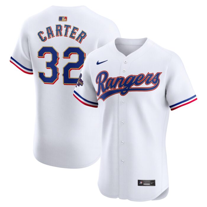 Men’s Texas Rangers Evan Carter Nike White 2024 Gold Collection Elite Player Jersey