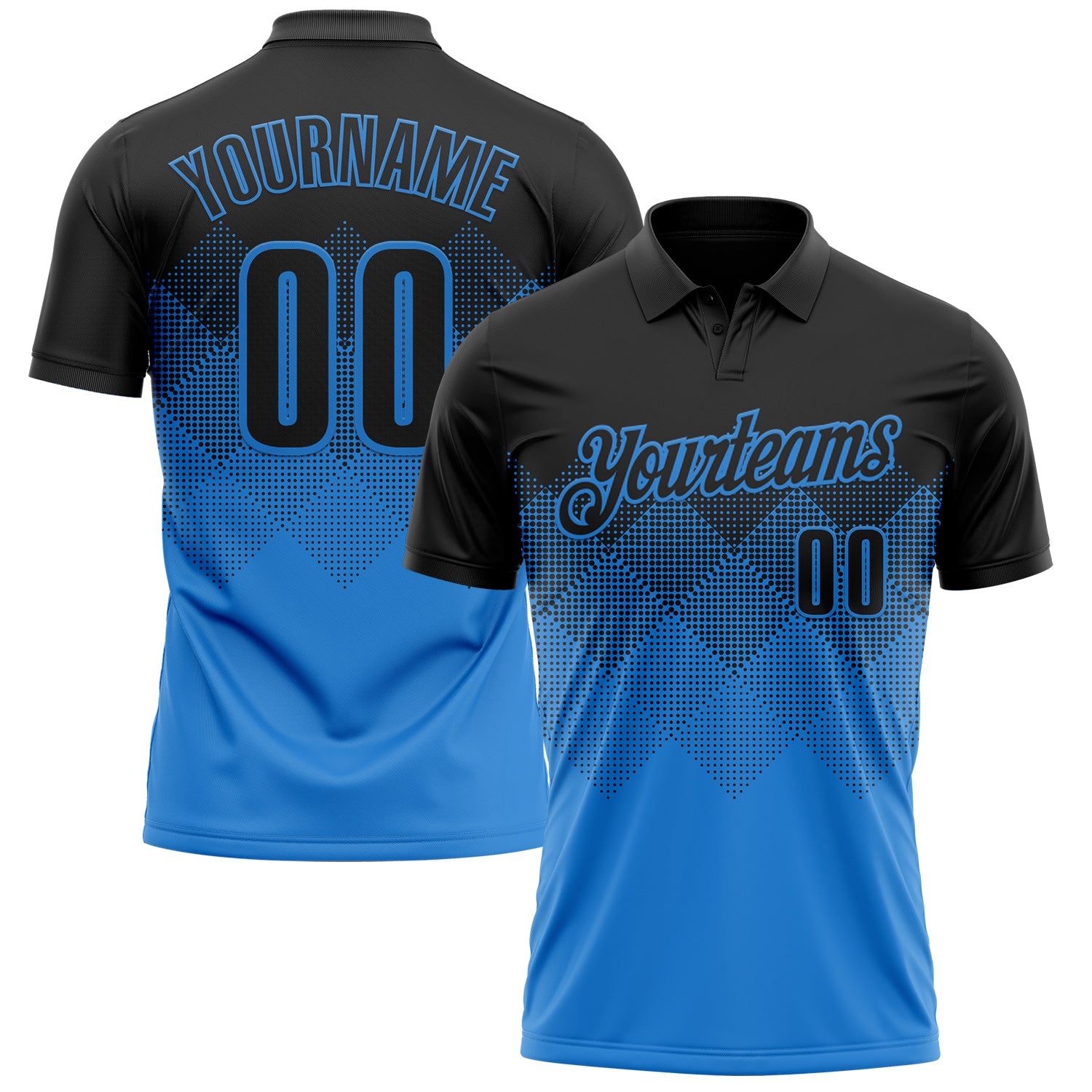 Custom Black Powder Blue 3D Gradient Square Shape Performance Polo Shirt