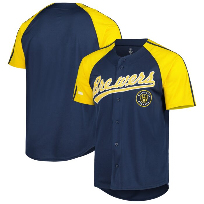 Men’s Milwaukee Brewers Stitches Navy Button-Down Raglan Fashion Jersey