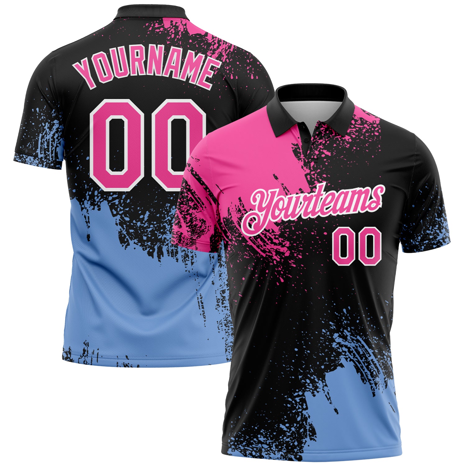 Custom Pink Black-Light Blue 3D Pattern Design Abstract Brush Stroke Performance Polo Shirt