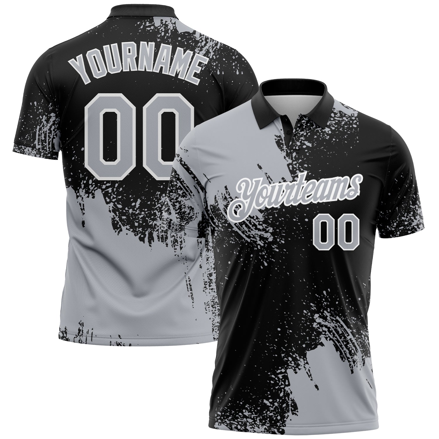 Custom Gray Black-White 3D Pattern Design Abstract Brush Stroke Performance Polo Shirt