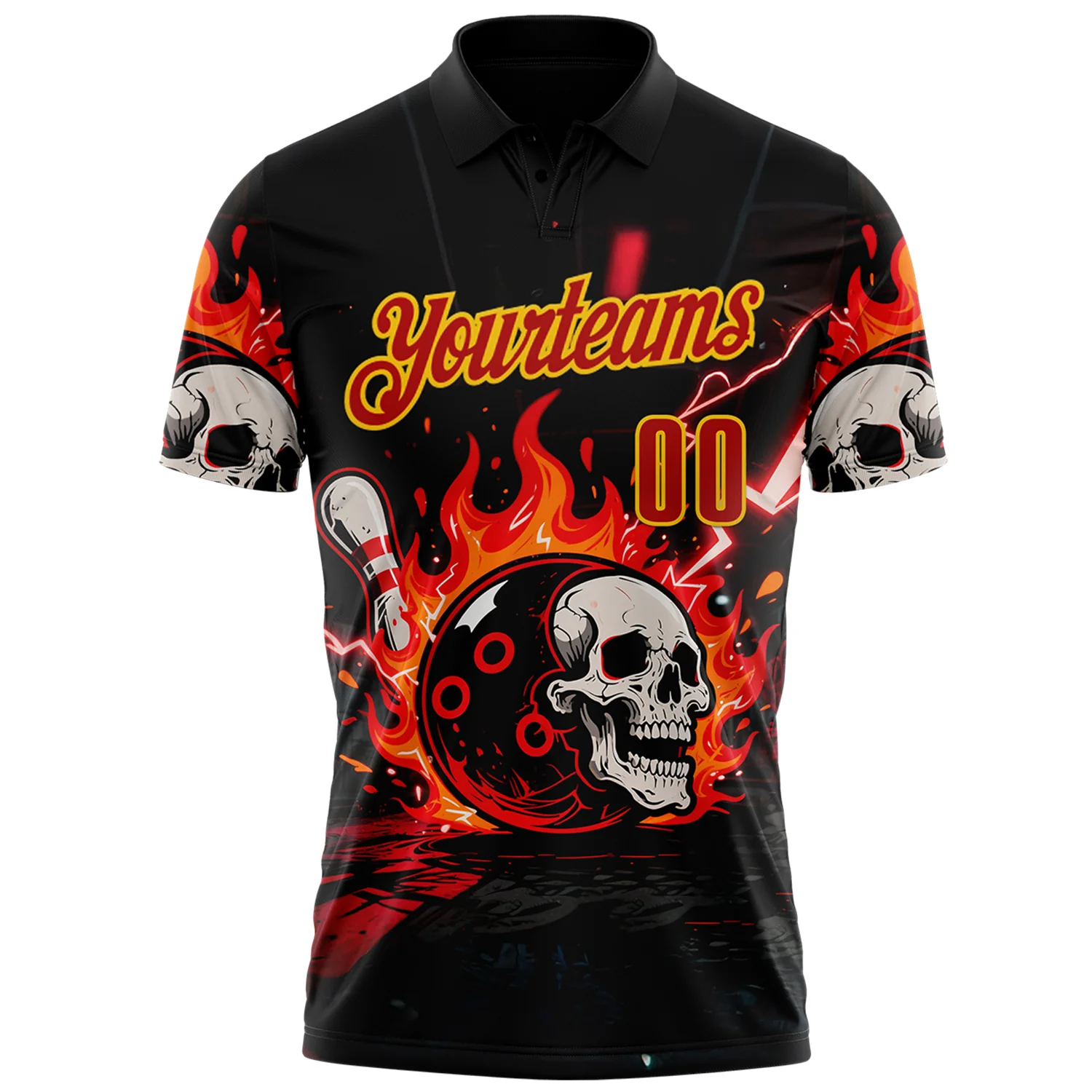 Custom Black Red-Yellow 3D Flame Skull Bowling Performance Polo Shirt