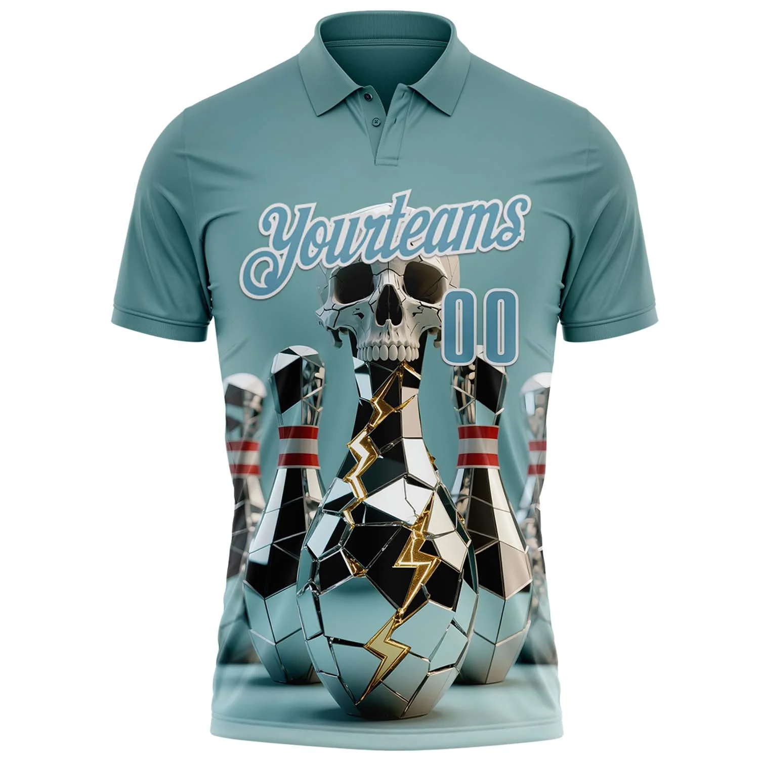 Custom Shadow Blue White 3D Shattered Mirror Skull Bowling Performance Polo Shirt