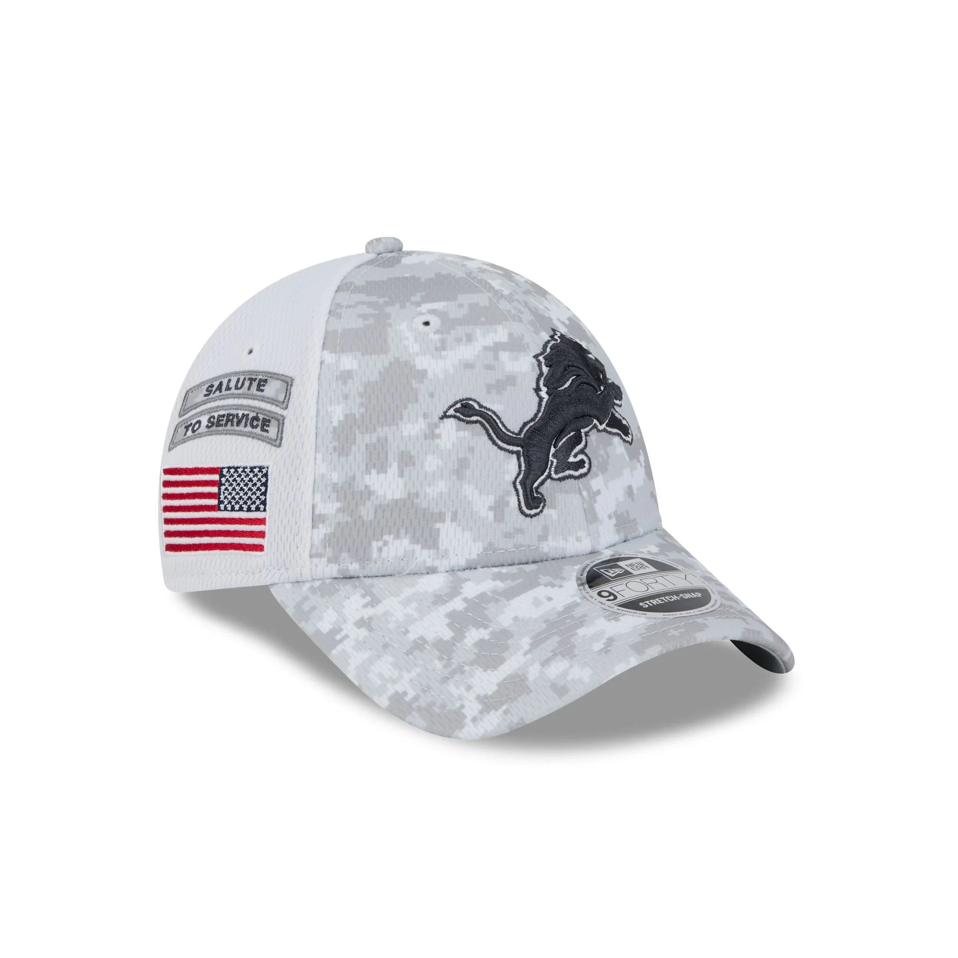 Detroit Lions 2024 Salute to Service 9FORTY Stretch-Snap Hat