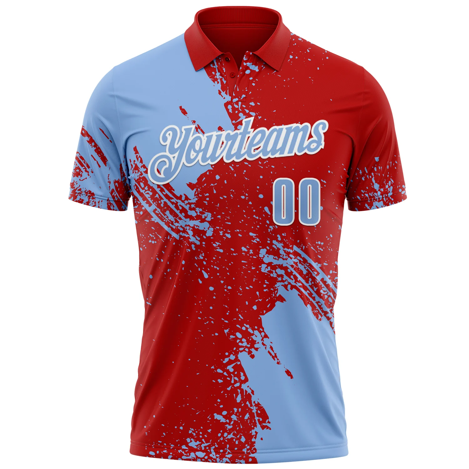 Custom Light Blue Red-White 3D Pattern Design Abstract Brush Stroke Performance Polo Shirt