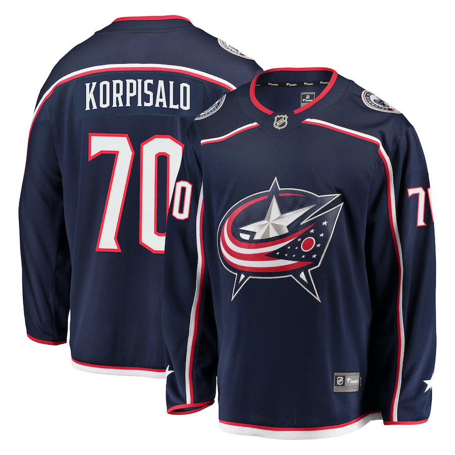 Men's Columbus Blue Jackets 70 Joonas Korpisalo Fanatics Branded Navy Breakaway Jersey