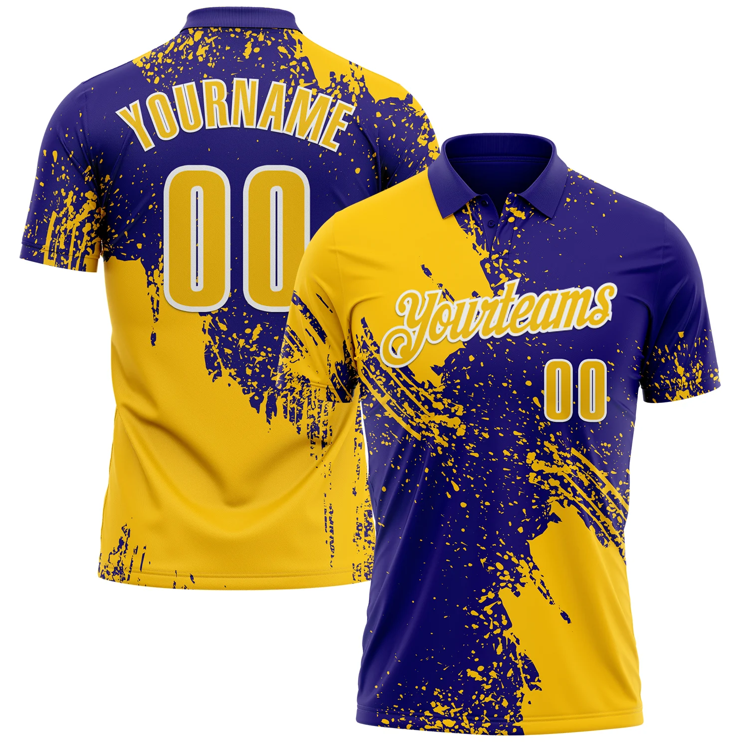 Custom Yellow Dark Purple-White 3D Pattern Design Abstract Brush Stroke Performance Polo Shirt