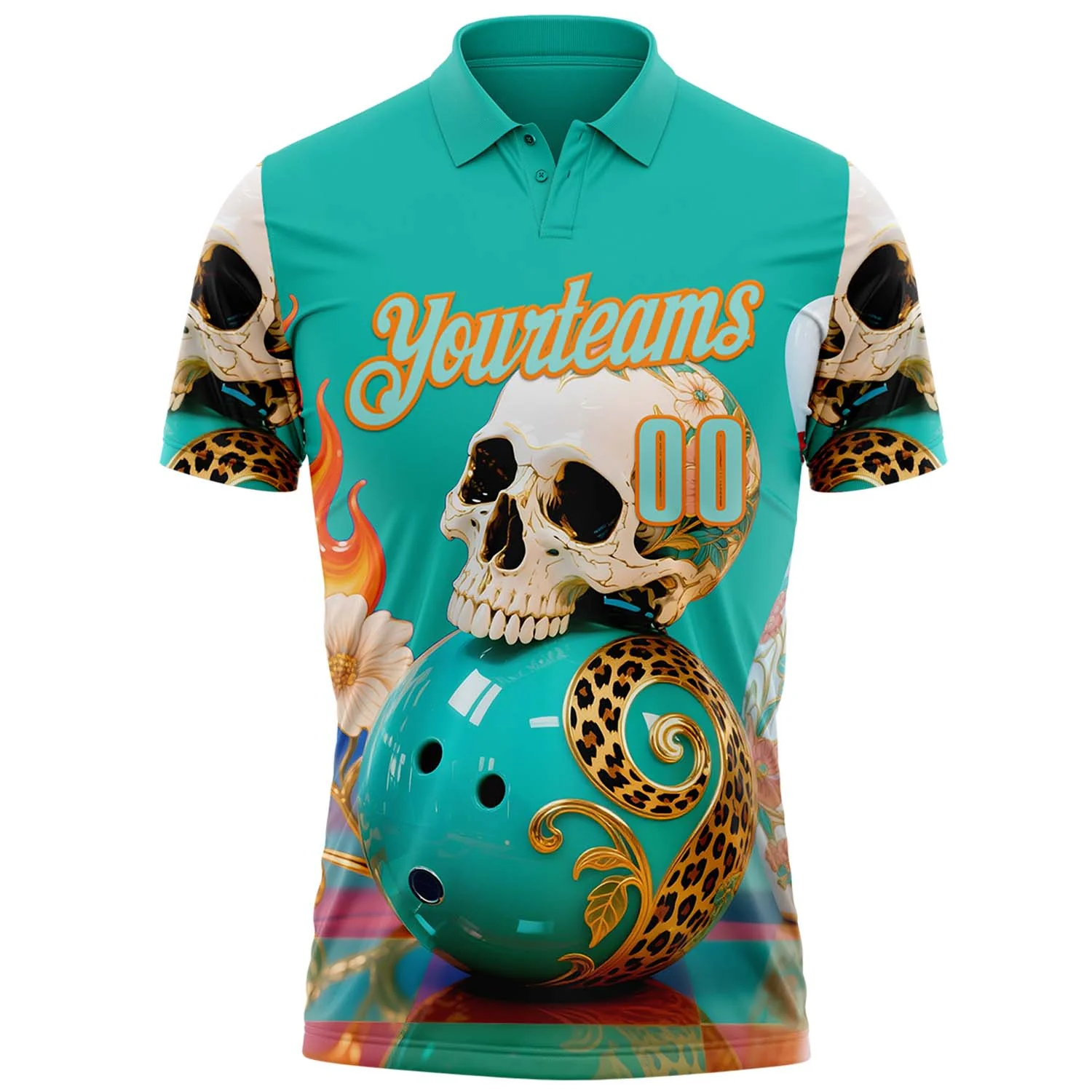 Custom Blue Ice Blue-Bay Orange 3D Floral Leopard Print Flame Skull Bowling Performance Polo Shirt