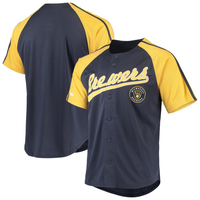 Men’s Milwaukee Brewers Stitches Navy Button-Down Raglan Replica Jersey