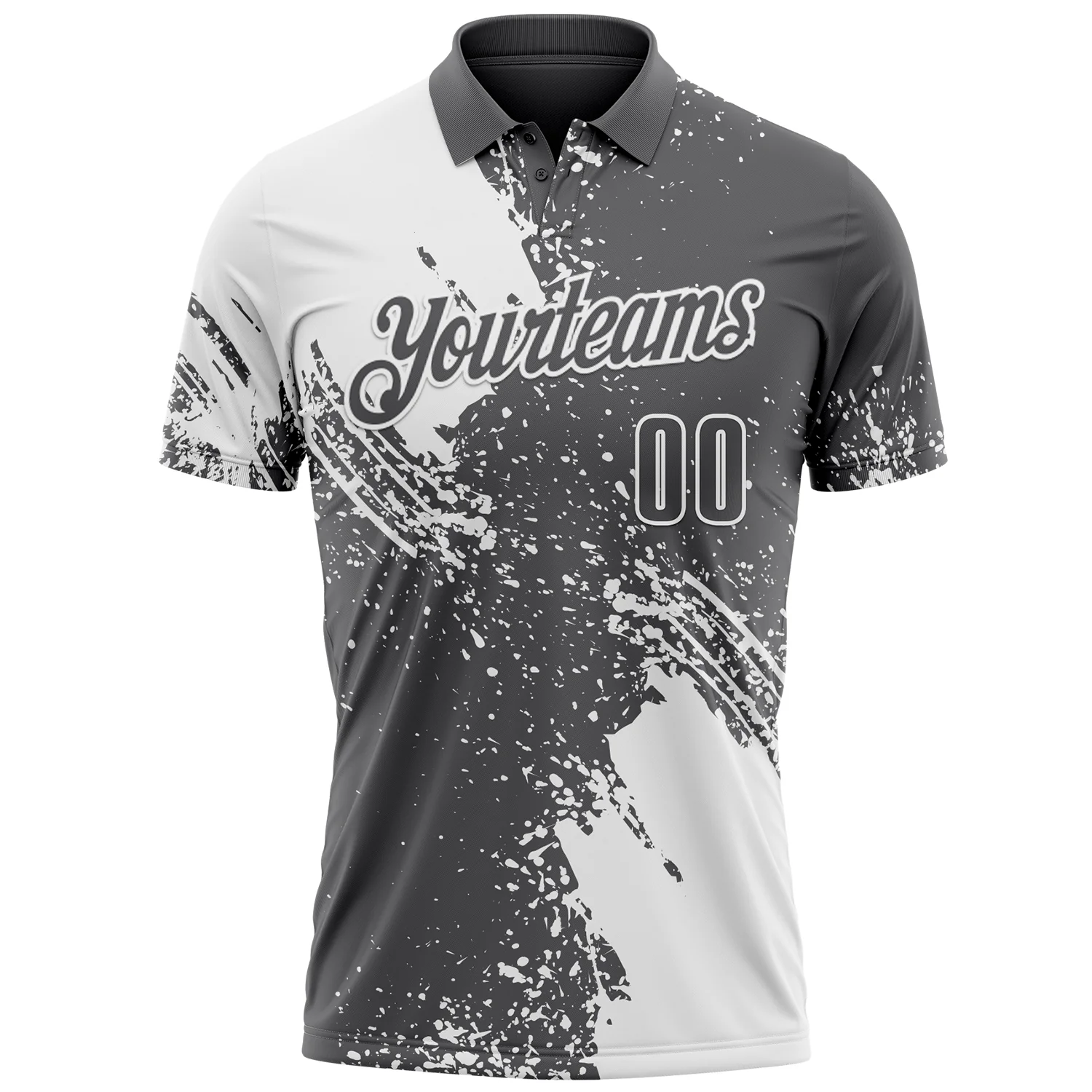 Custom White Steel Gray 3D Pattern Design Abstract Brush Stroke Performance Polo Shirt