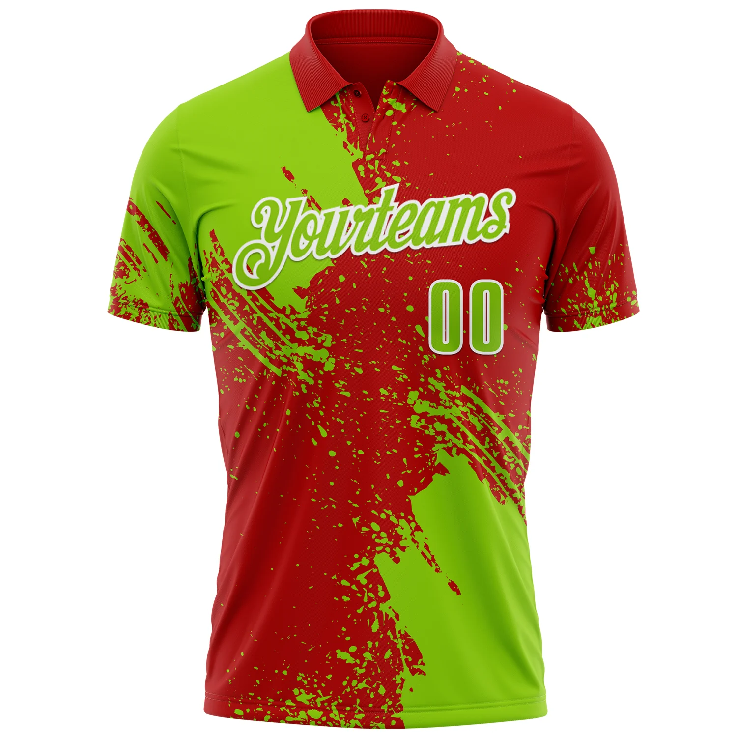 Custom Neon Green Red-White 3D Pattern Design Abstract Brush Stroke Performance Polo Shirt