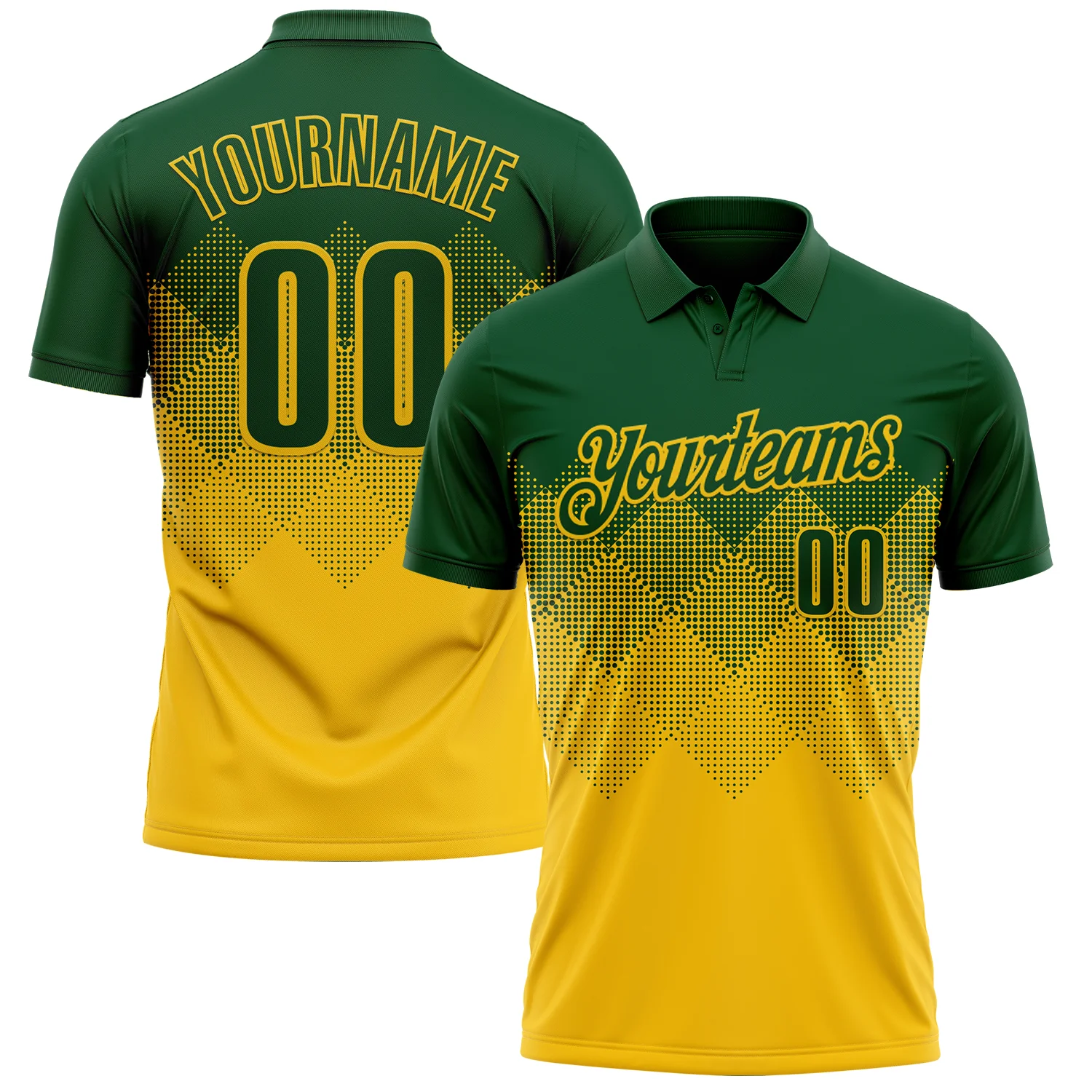 Custom Green Yellow 3D Gradient Square Shape Performance Polo Shirt